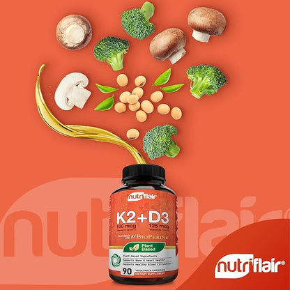 NutriFlair Vitamins D3 (5000iu/125mcg) + K2 (as Mk7) - Made with Plant-Based Ingredients Plus BioPerine Black Pepper Extract, 90 Capsules - Supports Healthy Immune, Heart and Health - Non-GMO Pills