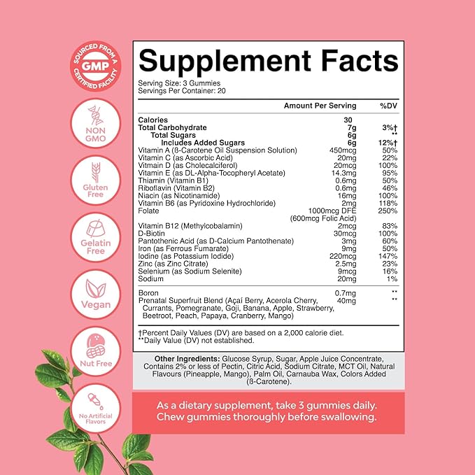 Vegan Prenatal Gummies for Women - Gummy Prenatal Vitamins for Women with Iron Folic Acid and Superfruit Blend - Chewable Prenatal Vitamins for Women Gummy Formula (Pineapple Mango) - Trial Size