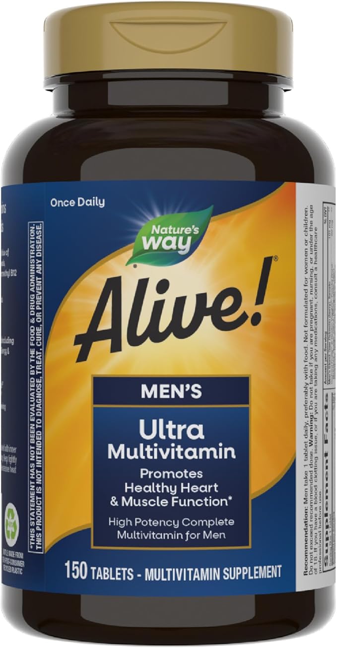 Nature's Way Alive! Men's Daily Ultra Multivitamin, Promotes Healthy Heart & Muscle Function*, with B-Vitamins Including Methylated B12, Gluten Free, 150 Tablets (Packaging May Vary)