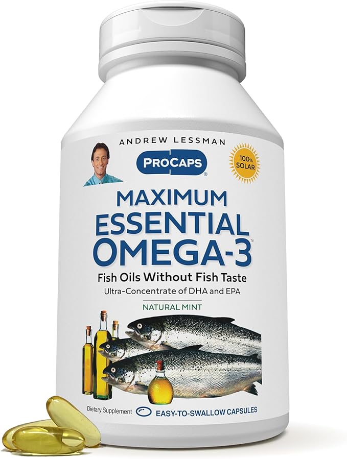 ANDREW LESSMAN Maximum Essential Omega-3 Mint - 60 Softgels - Ultra-Pure, High Potency Omega-3 Oils. High DHA, No Stomach Upset, No Contaminants, No Mercury. Small Easy to Swallow Softgels