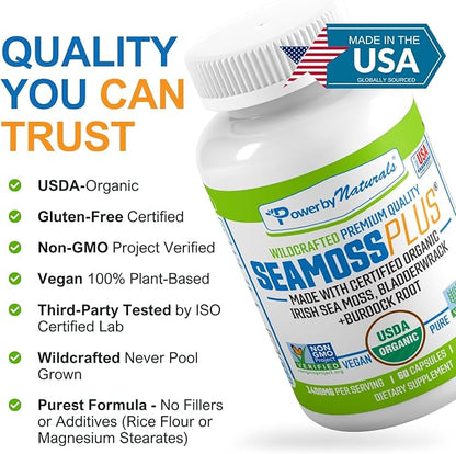 Power By Naturals Sea Moss Plus - USDA Certified Organic Wildcrafted Irish Seamoss, Bladderwrack & Burdock Root, Supplement for Immunity, 60Ct, 2 Pack