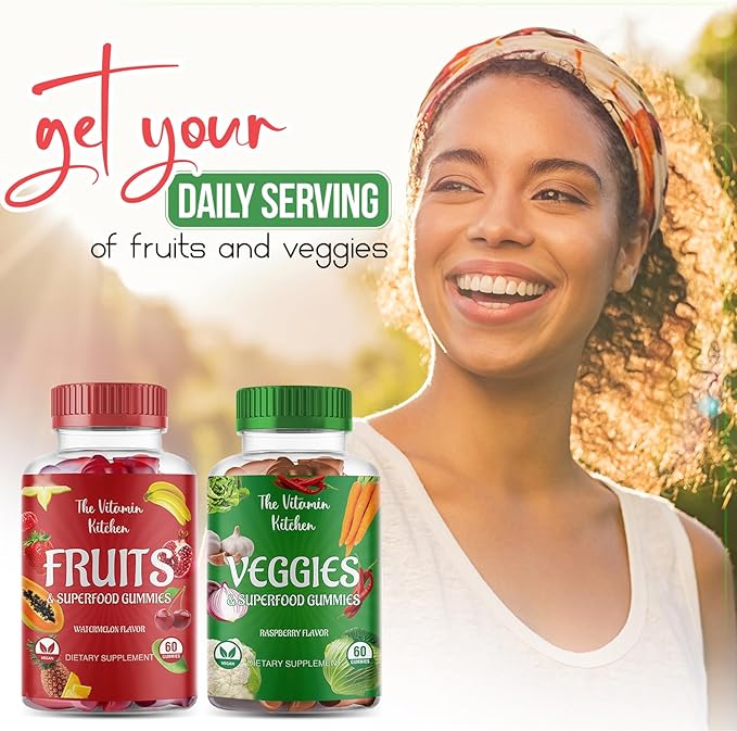 Fruits and Vegetables Supplements for Adults: Tasty and Nutritious Fruit and Veggies Gummies Supplement for Adults, Made in USA, Non-GMO, Gluten-Free (60 Super Green Veggies, 60 Super Fruits) 2-pack