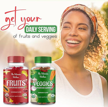 Fruits and Vegetables Supplements for Adults: Tasty and Nutritious Fruit and Veggies Gummies Supplement for Adults, Made in USA, Non-GMO, Gluten-Free (60 Super Green Veggies, 60 Super Fruits) 2-pack
