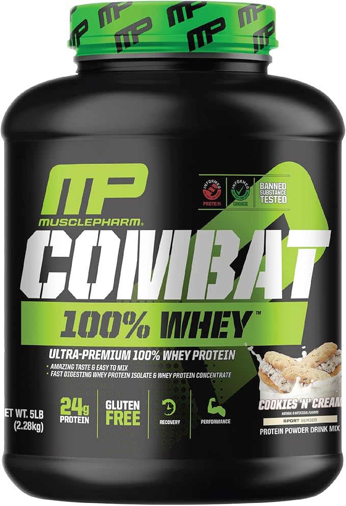 MusclePharm Combat 100% Whey Protein Powder, Cookies ‘N’ Cream Flavor, Fast Recovery & Muscle Gain with Whey Protein Isolate, High Protein Powder for Women & Men, Gluten Free, 5 lb, 70 Servings