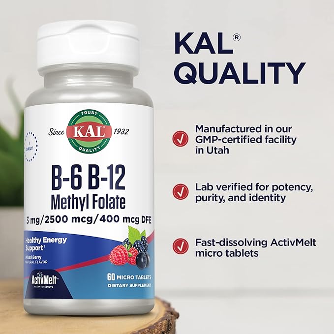 KAL Vitamin B-6 B-12 Methyl Folate ActivMelt, Vitamin B Supplement, Heart Health, Energy and Red Blood Cell Support with Methyl B12 and DFE Folic Acid, Natural Berry Flavor, 60 Servings, 60 Micro Tabs