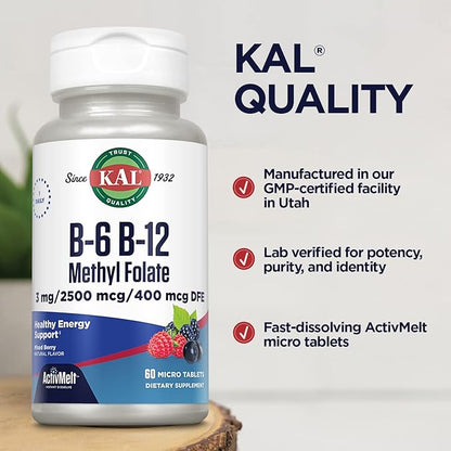 KAL Vitamin B-6 B-12 Methyl Folate ActivMelt, Vitamin B Supplement, Heart Health, Energy and Red Blood Cell Support with Methyl B12 and DFE Folic Acid, Natural Berry Flavor, 60 Servings, 60 Micro Tabs