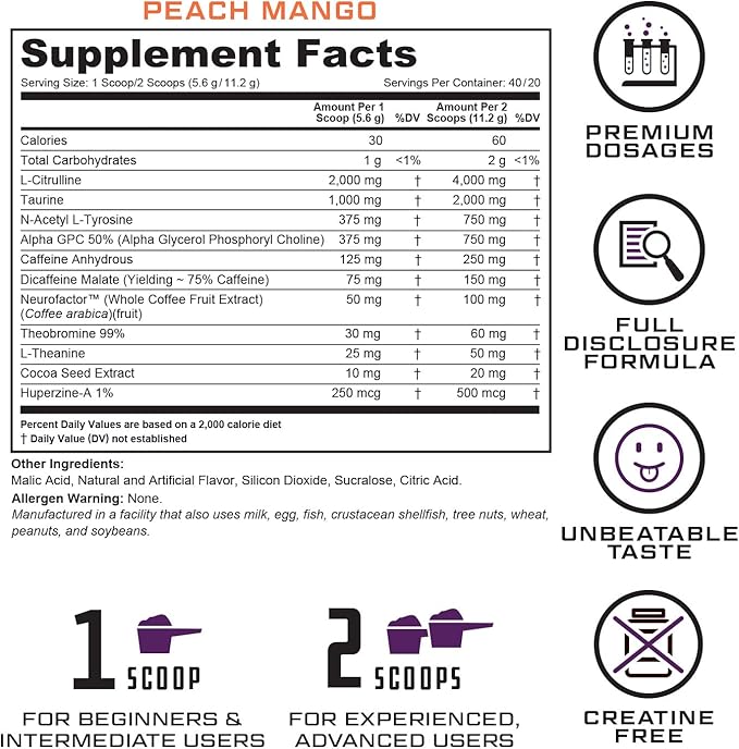 Prevail Pre Workout Powder with Nootropics: Pre Workout for Men and Women, Cutting Edge Energy and Focus Supplement with L Citrulline, Alpha GPC, L Tyrosine, Neurofactor | Peach Mango, 40 Servings