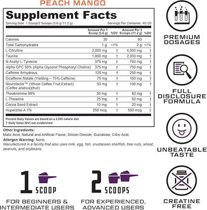 Prevail Pre Workout Powder with Nootropics: Pre Workout for Men and Women, Cutting Edge Energy and Focus Supplement with L Citrulline, Alpha GPC, L Tyrosine, Neurofactor | Peach Mango, 40 Servings