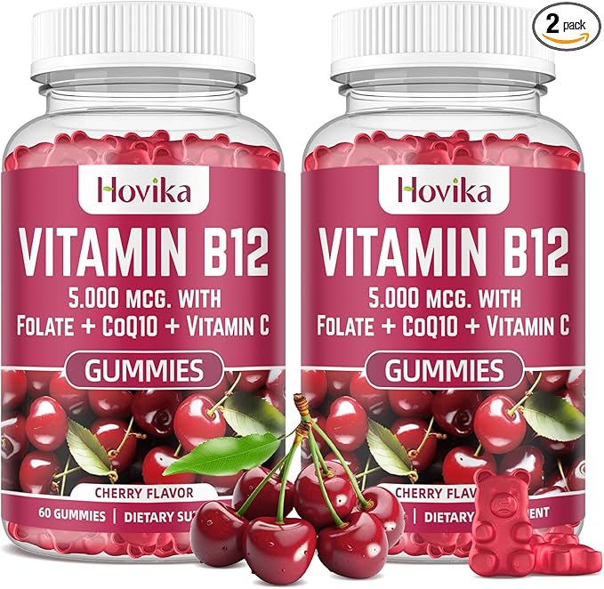 Vitamin B12 Complex 5000 mcg Methyl B12, Adenosyl B12 & Hydroxy B12, with Coenzyme Q10, Folate, Vitamin C, Chewable B 12 for Energy Support, Metabolism, Bone Health - Cherry Flavor, 2 Pack