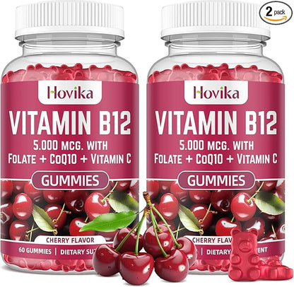 Vitamin B12 Complex 5000 mcg Methyl B12, Adenosyl B12 & Hydroxy B12, with Coenzyme Q10, Folate, Vitamin C, Chewable B 12 for Energy Support, Metabolism, Bone Health - Cherry Flavor, 2 Pack