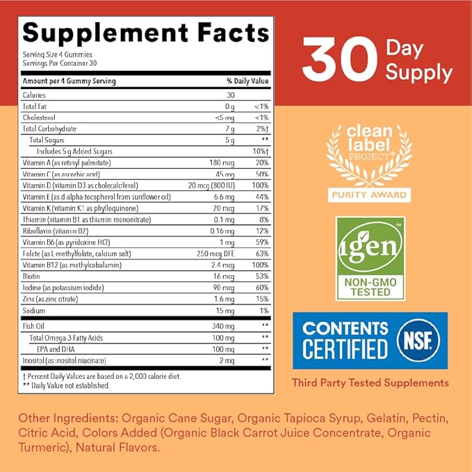 SmartyPants Kids Multivitamin Gummies: Omega 3 Fish Oil (EPA/DHA), Vitamin D3, C, Vitamin B12, B6, Vitamin A, K & Zinc for Immune Support, Gluten Free, Three Fruit Flavors, 120 Count (30 Day Supply)