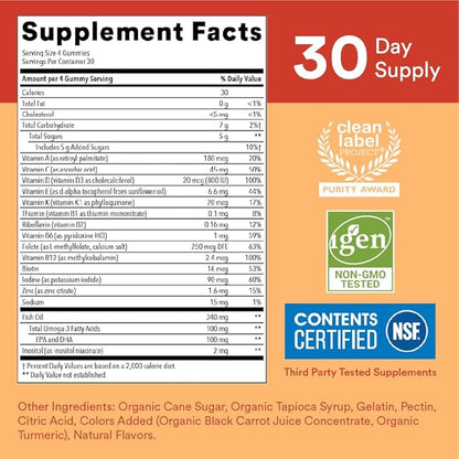 SmartyPants Kids Multivitamin Gummies: Omega 3 Fish Oil (EPA/DHA), Vitamin D3, C, Vitamin B12, B6, Vitamin A, K & Zinc for Immune Support, Gluten Free, Three Fruit Flavors, 120 Count (30 Day Supply)