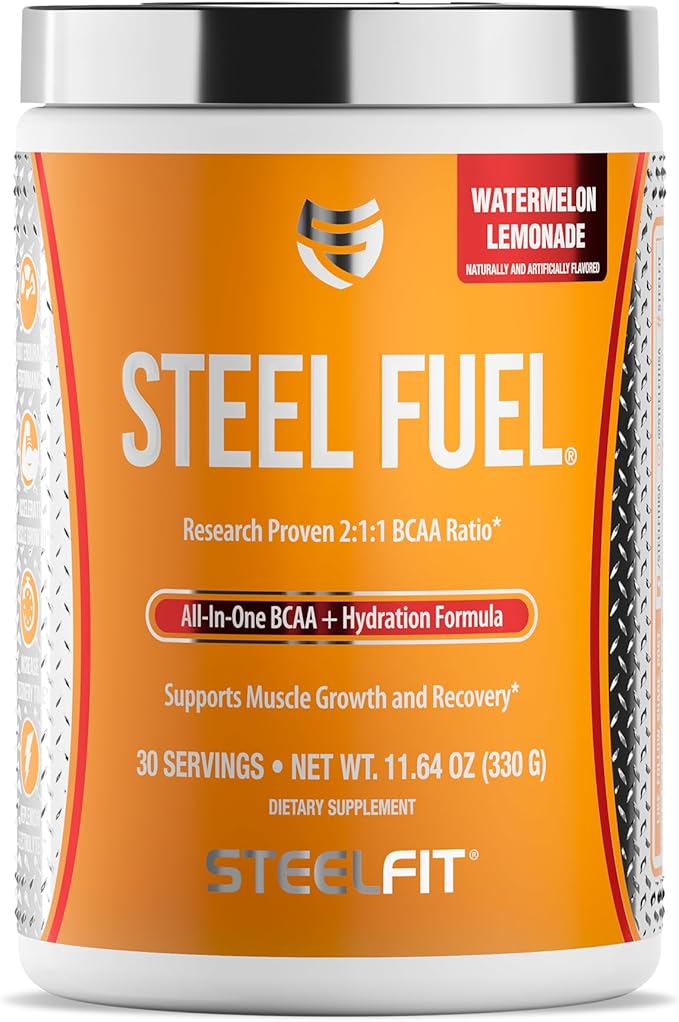 SteelFit Steel Fuel BCAA + Electrolyte Powder | Sugar-Free 2:1:1 Amino Acids Formula | Watermelon Lemonade, 30 Servings | No Crash Workout Hydration, Muscle Growth & Recovery