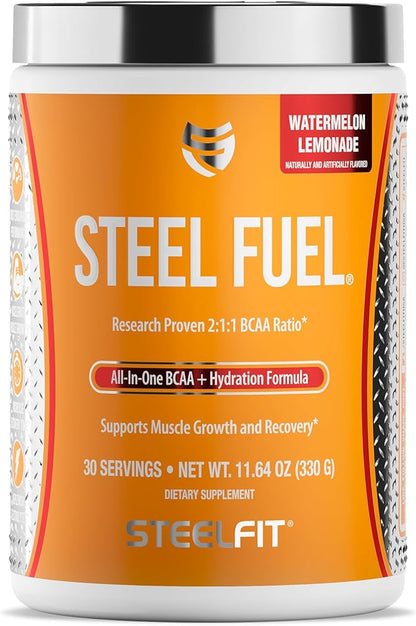 SteelFit Steel Fuel BCAA + Electrolyte Powder | Sugar-Free 2:1:1 Amino Acids Formula | Watermelon Lemonade, 30 Servings | No Crash Workout Hydration, Muscle Growth & Recovery