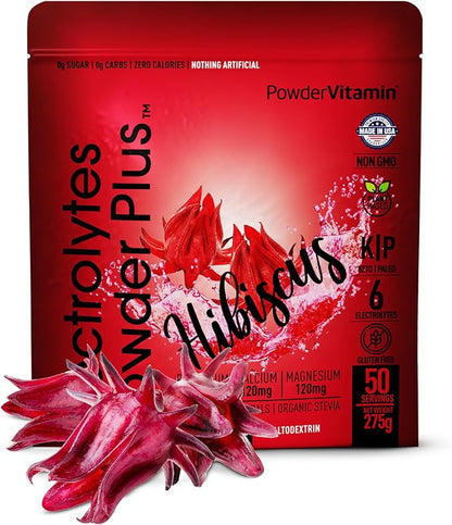 Electrolytes Powder Plus (50 Servings), 0 Calorie Keto, 0 Sugar, No Maltodextrin,1000mg Potassium,120mg Calcium,120mg Magnesium, Hydration Powder (50 Servings, Hibiscus)