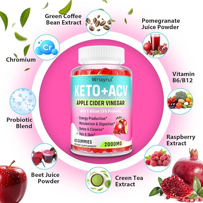 Apple Cider Vinegar Gummies, Fast Ripped Keto ACV Gummies, Max Strength 2000mg, Formulated with Green Tea, Probiotics, B6 & B12, ACV Gummies for Metabolism, Digestion, Detox & Cleanse, 180 Gummies