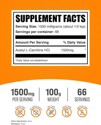 BulkSupplements.com Acetyl L-Carnitine Powder - ALCAR Powder, Acetyl L-Carnitine 1500mg, Carnitine Supplement - Gluten Free, 1500mg per Serving, 100g (3.5 oz) (Pack of 1)