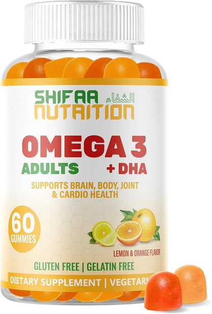 Vegan Omega 3 Gummies for Adults | No Fish Oil Burps | 60 Gummies | Plant Based w/Chia Oil, Algae | Omega 3 6 9 w/DHA, Vitamin C | for Brain, Cardiovascular & Immune Support Halal