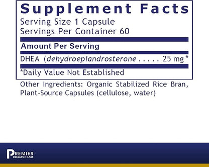 Premier Research Labs Premier DHEA - DHEA Supplement for Women & Men, Pure DHEA 25mg, Hormone Support for Healthy Aging, Wild Yam DHEA, Vegan Friendly - 60 Vegetarian Capsules