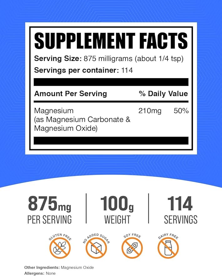 BulkSupplements.com Magnesium Carbonate Powder - Magnesium Carbonate Supplement, Magnesium Carbonate Food Grade - Gluten Free, 875mg per Serving, 100g (3.5 oz) (Pack of 1)
