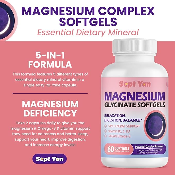 Magnesium Glycinate Softgels, with Vitamin B6, C, D3, Omega-3 | Highly Absorbable Magnesium Supplement for Calm, Muscle & Sleep Support | Easy to Swallow Soft Gels for Women & Men Vegan | 60 Count