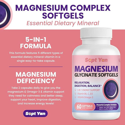 Magnesium Glycinate Softgels, with Vitamin B6, C, D3, Omega-3 | Highly Absorbable Magnesium Supplement for Calm, Muscle & Sleep Support | Easy to Swallow Soft Gels for Women & Men Vegan | 60 Count