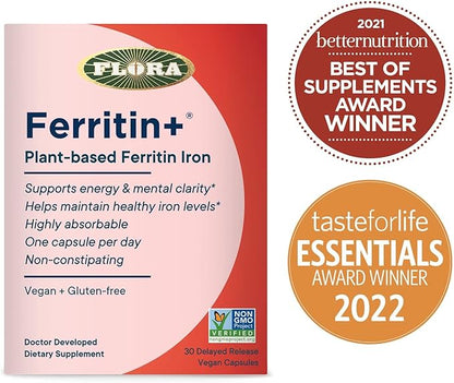 Flora- Iron Ferritin+ Plant-Based Supplement for Women - Non-Constipating, Highly Absorbable - Supports Vitality & Wellness - Vegan Iron Supplement from Flora Health - 30 Capsules - Delayed Release