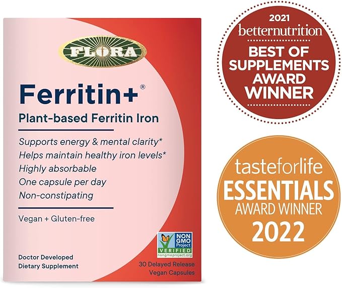 Flora- Iron Ferritin+ Plant-Based Supplement for Women - Non-Constipating, Highly Absorbable - Supports Vitality & Wellness - Vegan Iron Supplement from Flora Health - 30 Capsules - Delayed Release