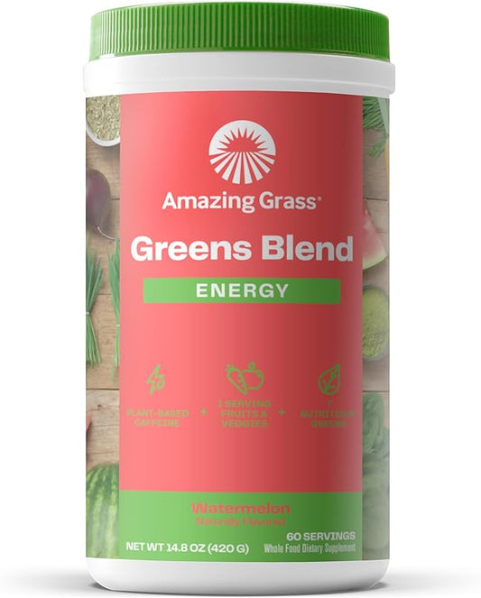Amazing Grass Greens Superfood Energy: Greens Powder with Plant Based Caffeine, Matcha Green Tea & Beet Root Powder, Watermelon, 60 Servings (Packaging May Vary)