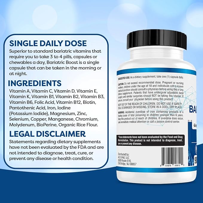 Bariatric Boost One-A-Day Multivitamin 90 Day Supply with 45mg Iron Post Gastric Bypass Sleeve Surgery | Non-GMO, Gluten Free, Bariatric Multivitamin Made in USA |
