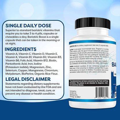 Bariatric Boost One-A-Day Multivitamin 90 Day Supply with 45mg Iron Post Gastric Bypass Sleeve Surgery | Non-GMO, Gluten Free, Bariatric Multivitamin Made in USA |
