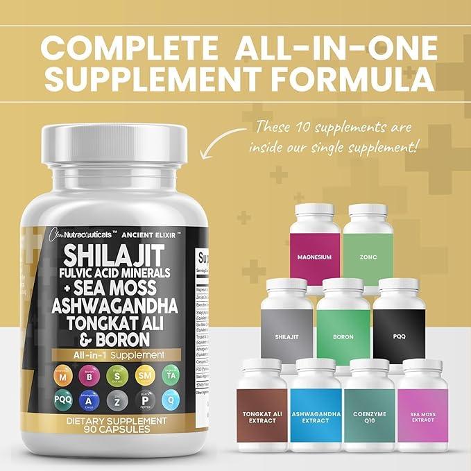 Clean Nutraceuticals Shilajit Supplement with Sea Moss, Ashwagandha, Tongkat Ali, Boron, Magnesium - Fulvic Acid Capsules for Men - 90 Count