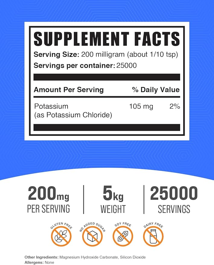 BulkSupplements.com Potassium Chloride Powder - Potassium Supplement Powder, Potassium Chloride Salt Substitute, Potassium Salt - Gluten Free, 200mg per Serving, 5kg (11 lbs) (Pack of 5)