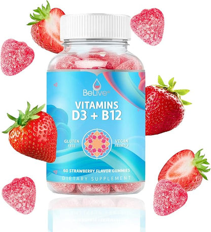 BeLive Vitamin D3 Gummies with B12 Vitamins - Immune Support Gummies with Vegan Vitamin B12 & D3, Provides Enhanced Bone & Muscle Strength, Hearth Health and Energy - Strawberry Flavor | 2-Pack