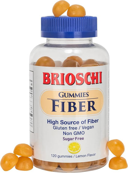 Brioschi Fiber Gummies Lemon Flavored, Gluten-Free Vegan Non-GMO Gelatin-Free, High Source of Fiber, Sugar-Free, 120 Count