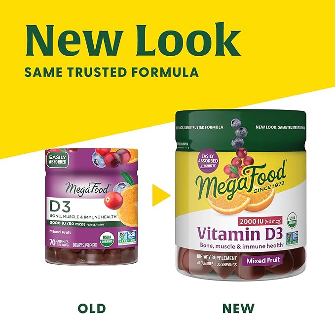 MegaFood Vitamin D3 Gummies 2000 IU (50 mcg) - Vitamin D Gummies Mixed Fruit Flavor, Bone, Muscle & Immune Support Supplement, Vegetarian, Gluten-Free, USDA Organic – 70 Gummies, 35 Servings