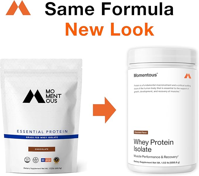 Momentous Essential Grass-Fed Whey Protein Powder - 20g Whey Isolate Protein - NSF Certified, Gluten-Free, 24 Servings for Essential Everyday Use, Chocolate (Package May Vary)