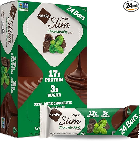 Nugo Slim Dark Chocolate Mint, 18g Vegan Protein, 3g Sugar, 6g Fiber, Low Net Carb, Keto Friendly, Gluten Free, 24 Count