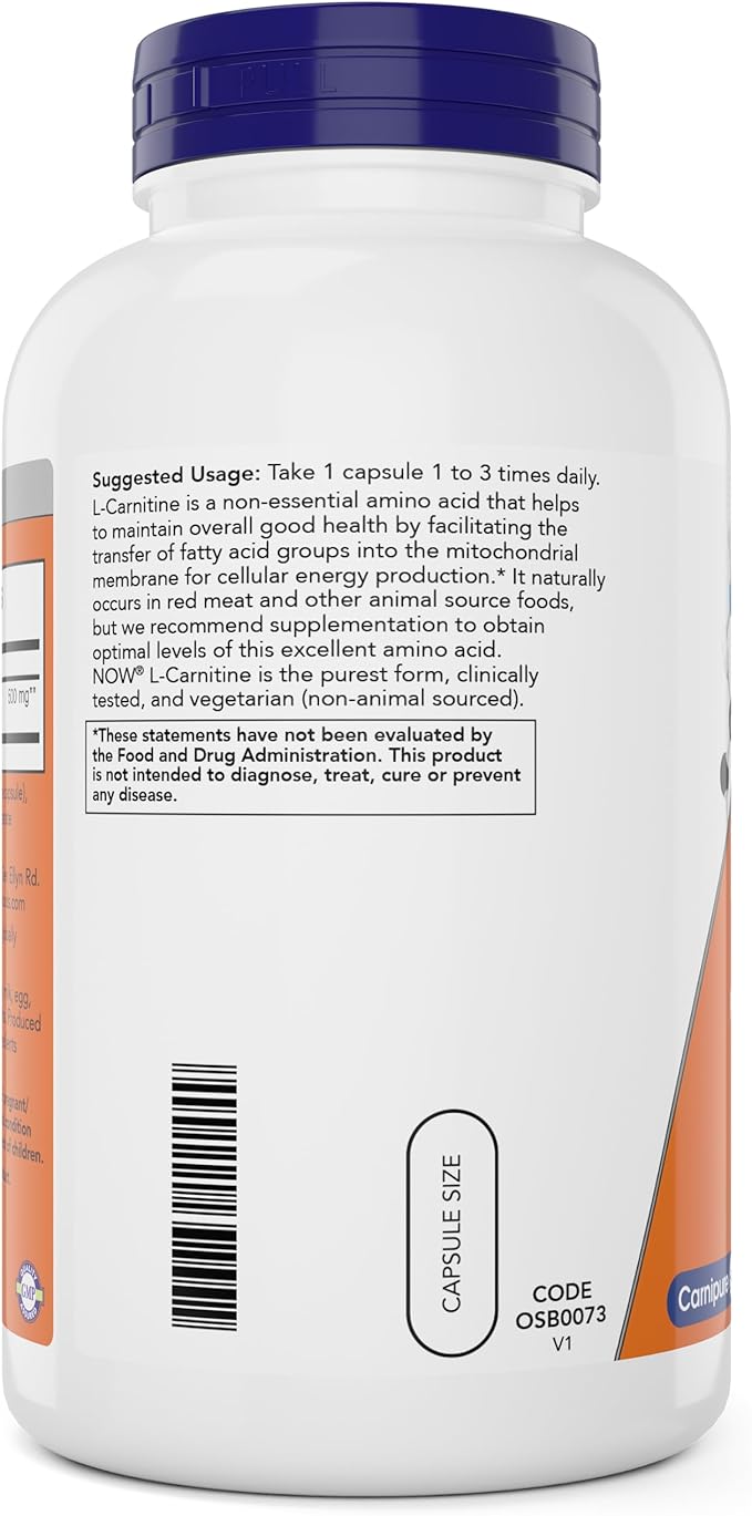NOW Foods L-Carnitine 500 mg, 240 Veg Caps - Fitness Support* - Purest Form - Non-GMO - Vegan/Vegetarian - 500mg Capsules - Amino Acid Health Supplement
