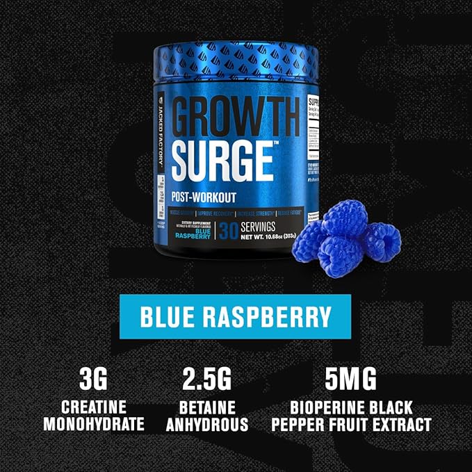 Jacked Factory Growth Surge Creatine Post Workout w/L-Carnitine - Daily Muscle Builder & Recovery Supplement with Creatine Monohydrate, Betaine, L-Carnitine L-Tartrate - 30 Servings, Blue Raspberry