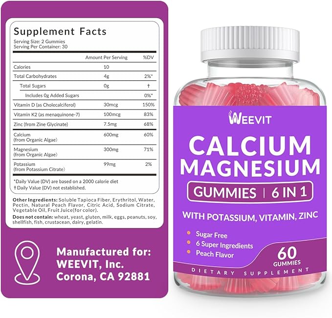 Sugar Free Calcium Gummies Supplement 600mg, Calcium Magnesium Zinc Gummies with Vitamin D3, Potassium, High Absorption Calcium Gummy for Bone, Teeth & Muscle