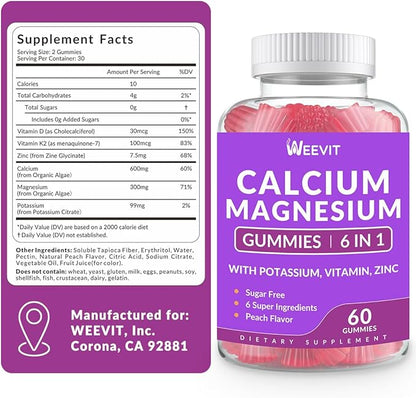 Sugar Free Calcium Gummies Supplement 600mg, Calcium Magnesium Zinc Gummies with Vitamin D3, Potassium, High Absorption Calcium Gummy for Bone, Teeth & Muscle