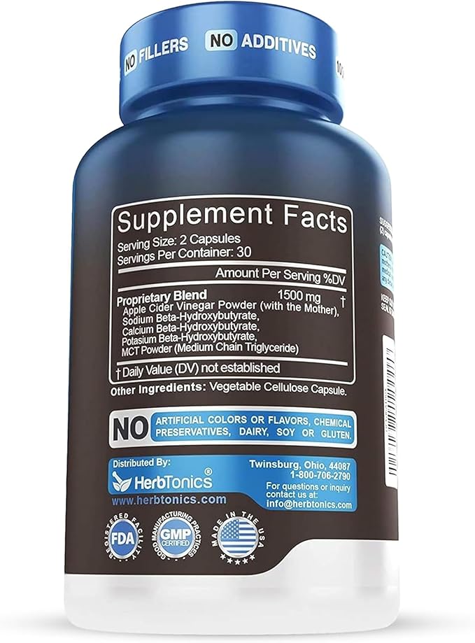 Herbtonics Keto BHB + Apple Cider Vinegar Capsules with The Mother - Keto Diet Pills, BHB Exogenous Ketones for Ketosis, Energy & Focus - Keto ACV Supplement for Women & Men - 60 Vegan Capsules