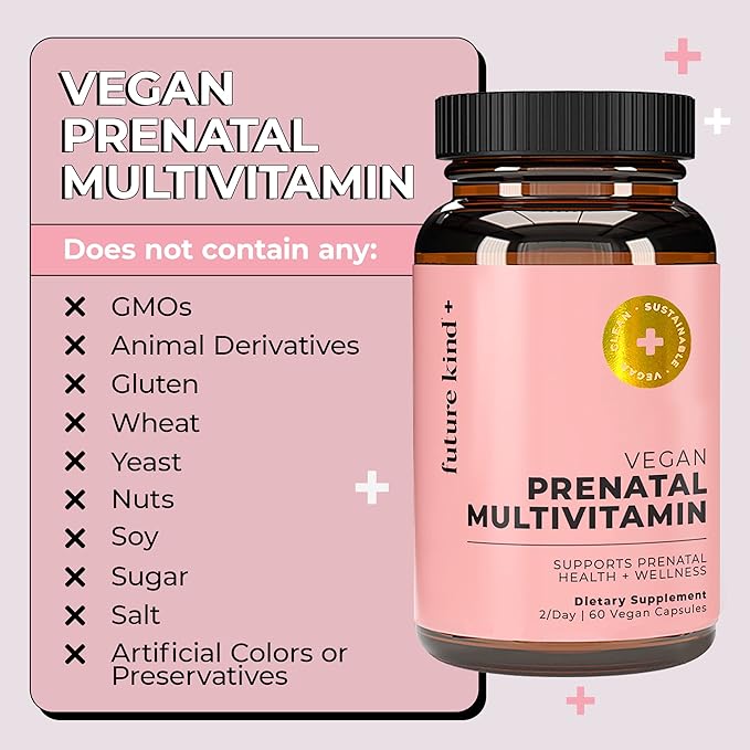 Future Kind Vegan Prenatal Vitamin - (60ct) Prenatal Vitamins with DHA & L-MethylFolate in Glass Bottle - Prenatal Folate Supplement for Women with Vitamin D & E, Iron, Biotin, Gluten-Free & Non-GMO