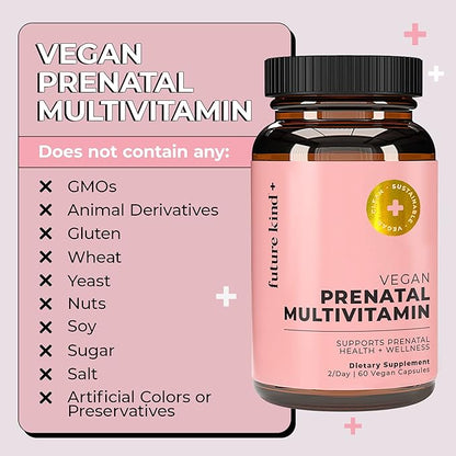 Future Kind Vegan Prenatal Vitamin - (60ct) Prenatal Vitamins with DHA & L-MethylFolate in Glass Bottle - Prenatal Folate Supplement for Women with Vitamin D & E, Iron, Biotin, Gluten-Free & Non-GMO
