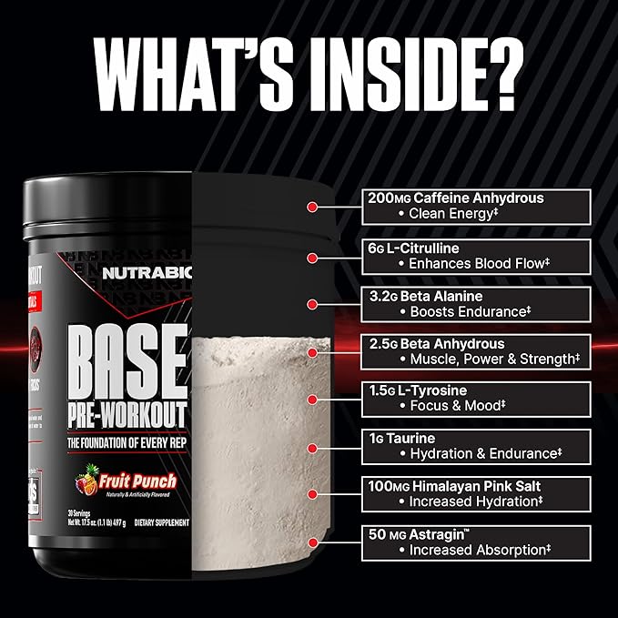NutraBio Base Pre-Workout Sports Nutrition Powder - Sustained Energy, Mental Focus, Endurance, Hydration - Preworkout for Men and Women - Increase Energy- 30 Servings - Lemon Lime