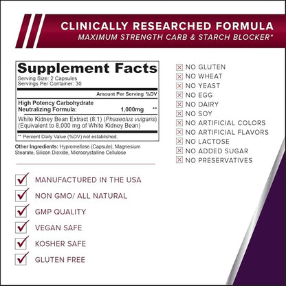 Carb Block Ultra White Kidney Bean Carb Blocker for Diet and Weight Loss Powerful Keto Diet Cheat Pills, 60 Veggie Caps