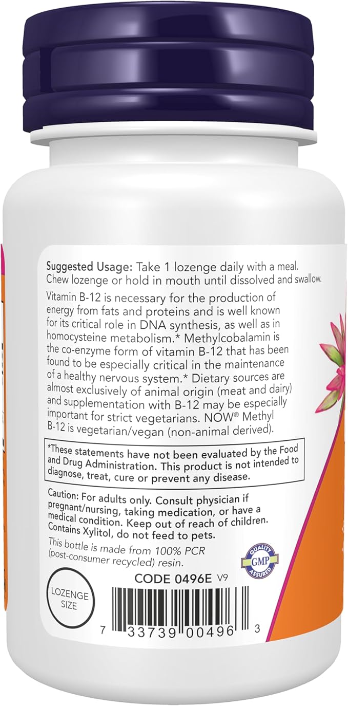 NOW Foods Supplements, Methyl B-12 (Methylcobalamin) 5,000 mcg, Nervous System Health*, 60 Lozenges