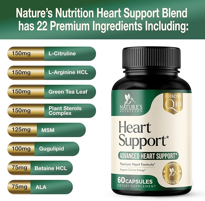 Heart Supplements for Men & Women, 1650mg for Heart Health Support with CoQ10, Hawthorn, Plant Sterol & More, Heart Vitamins & Extracts to Support Nitric Oxide & Energy Production - 60 Capsules