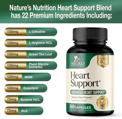 Heart Supplements for Men & Women, 1650mg for Heart Health Support with CoQ10, Hawthorn, Plant Sterol & More, Heart Vitamins & Extracts to Support Nitric Oxide & Energy Production - 60 Capsules